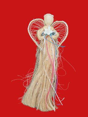 Natural Raffia Straw Angel Doll Handmade Praying Angel 25" H